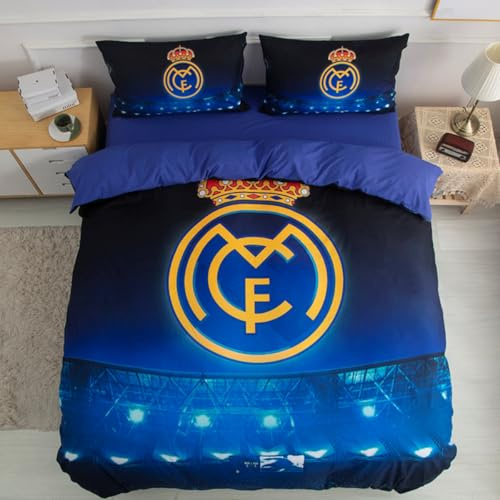 ENIXWH Juego de ropa de cama con diseño de estrella del fútbol 3D, diseño de Madrid, microfibra, juego de club de fútbol, 1 con cremalleras y 2 fundas de almohada (B, 240 x 220 cm)
