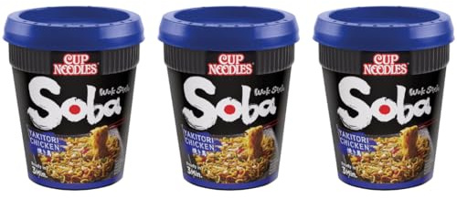 Pack Of 3 - Wok Style Soba Yakitori Chicken Cup Noodles 90g - Delicious Quick To Make Noodles - Enjoy Noodles Ready In 3 Minutes - Quick and Easy Ready Meals and Snacks - Flavoured Instant Noodles