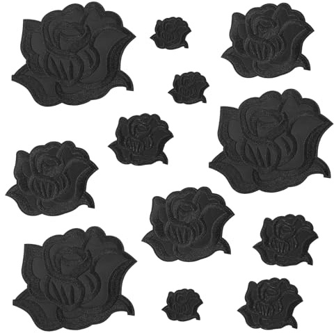 Teaaha Confezione da 12 toppe per applicazioni con fiori di rosa nera, toppe per abbigliamento in tessuto, toppe ricamate da cucire su fiori, decorazioni con applicazioni per giacche, jeans, maglioni,