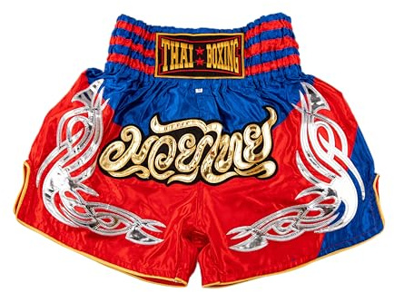 MUAY NATION Pantalones Cortos de Muay Thai para Hombres y Mujeres, Corte Ajustado, Shorts de Boxeo MMA para Entrenamiento, Ropa de Kickboxing (FR/ES, Letras, M, Regular, Regular, PRM Rojo/Azul)
