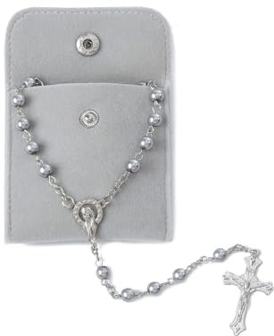 Calkkrer Katholischer Rosenkranz, Rosenkranz zur Kommunion mit Retro-Kreuz,Samt Geschenkbeutel Elegante Kreuz.Taufe Kommunion Hochzeit Kommunion Party(Grau)