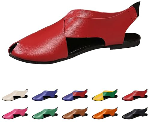 Scarpe basse da donna, sandali estivi, eleganti e chiusi, antiscivolo, in pelle, scarpe da spiaggia piatte, in pelle, eleganti, per il tempo libero, da donna, Colore: rosso, 39 EU