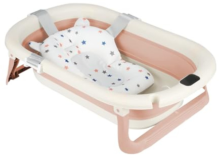 Baignoire Bebe Pliable avec Thermomètre, Coussins de Douche, Prise de Douche, Ventouse Antidérapante, Baignoire Pliable BéBé pour Nouveau-Né, 0 à 24 Mois (Rose, 43x71x18.5cm)