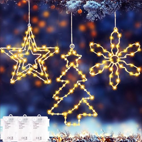 Joysing Christmas Window Lights Battery Operated 3 Pack Christmas Star Window Lights with Timer, Hanging Star Light Waterproof Tree Snowflake Light for Party Wall Home Xmas Decoration