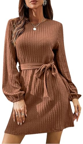 LIAMERHE Vestido Punto Manga Larga Mujer Casual Midi Vestidos Cuello Redondo Elegante Vestido Línea A Rayas Verticales para Otoño Invierno con Cinturón Marrón L