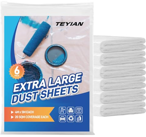 TEYIAN 6 Pack 4 x 5M Large Plastic Dust Sheets for Decorating & Painting Clear Heavy Duty Polythene Sheeting Plastic Sheeting Dust Covers for Painting, Furniture & Floor Protection