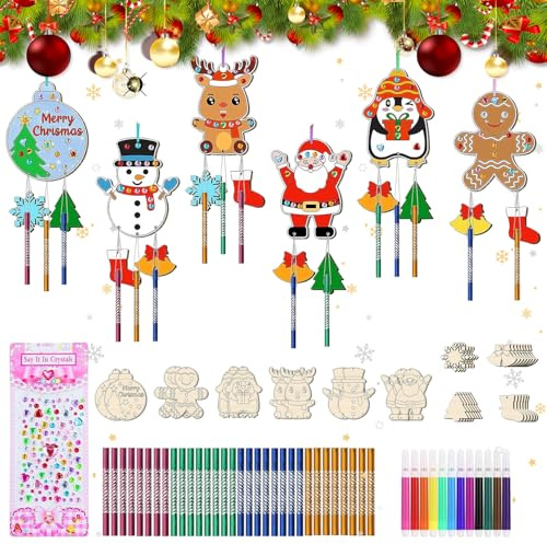 Carillon Noël en Bois, 12pcs Carillons Éoliens de Noël pour Enfant, Bricolage Carillon Arbre Noël, Carillon Éolien Kit de Bricolage à Peindre avec Ruban, Fil, Stylos, pour Decoration Sapin de Noël