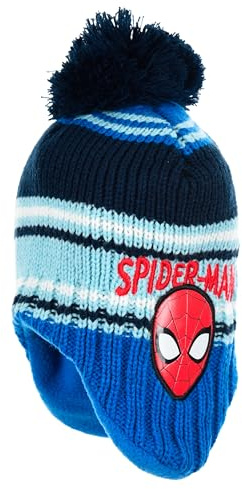 Marvel Spider-Man Cappello Invernale per Bambini Spider-Man Ragazzi Berretto a Maglia con Paraorecchie Pompon Blu Caldo Fodera Interna in Pile Articolo su Licenza Beanie Regalo per Ragazzi, Blu, 52