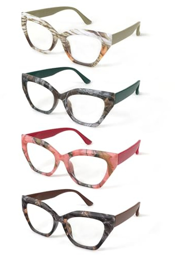 KoKoBin Confezione da 4 occhiali da lettura da donna con montatura in Colore legno e cerniere a molla Occhiali per computer che bloccano la anti luce blu (4 Pack, 2)