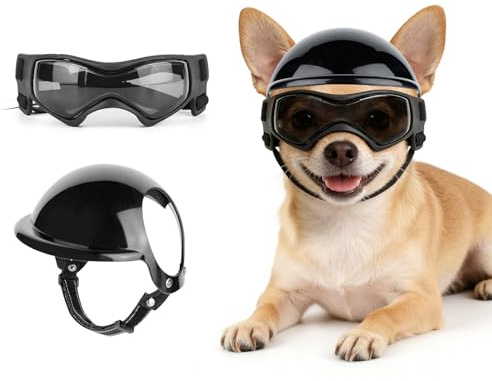 PETLESO Ensemble de lunettes avec casque pour chien de très petite taille, casque et lunettes pour chien pour conduite en plein air, promenade - Noir - XS