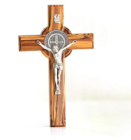 Kassis Geschenkartikel Olivenholz St. Benedikt Kreuz zum Aufhängen Benediktuskreuz Wandkreuz Kruzifix zur Firmung Geburt Kommunion Taufe 20 x 12,5 cm