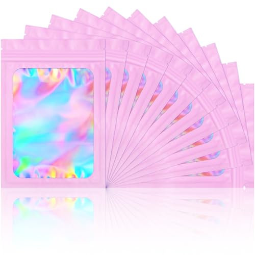 100 sacchetti in Mylar antiodore, richiudibili, olografico, con finestra trasparente, per conservare gli alimenti, per riporre le ciglia, per riporre i gioielli elettronici, rosa, 2,8 x 4 pollici