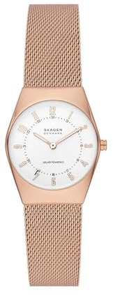 Skagen Grenen Uhr für Damen, Solarbetriebenes Uhrwerk mit Edelstahl- oder Lederarmband, Roségoldton und Weiß, 26MM