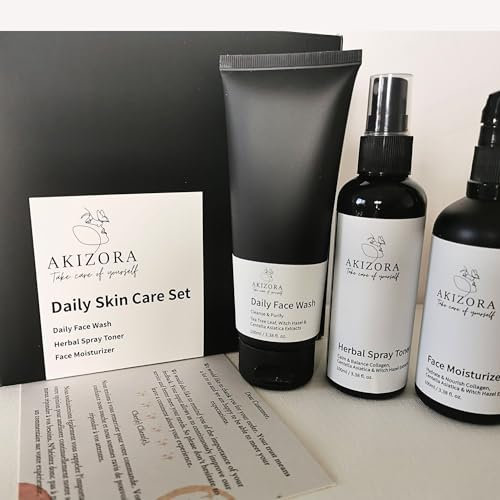 AKIZORA Coffret Soin Visage Homme – Gel Nettoyant Tea Tree, Lotion Tonique Purifiante & Crème Régénérante Collagène – Routine Quotidienne Fraîcheur & Hydratation – Idée Cadeau Masculine