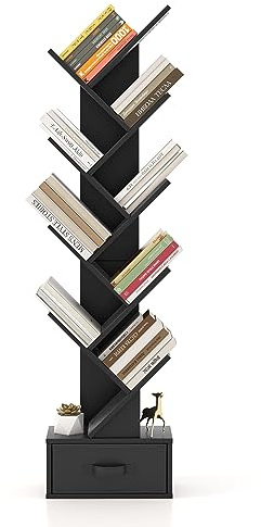 COSTWAY Libreria ad Albero in Legno, Scaffale a 10 Ripiani con Cassetto, Portaoggetti Autoportante per Soggiorno, Studio e Ufficio, 38 x 21,5 x 149,5 cm (Nero)