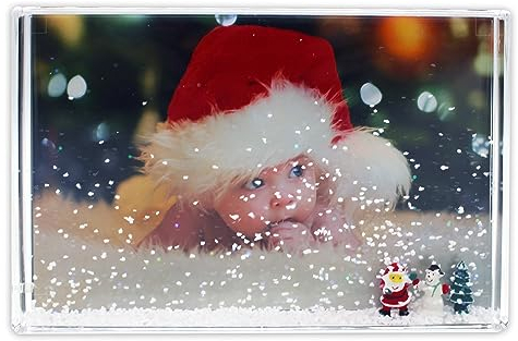 Glitter Photo Frame, Acrylic Picture Frame holds 10 x 15 cm (4 x 6 inch) Clear Frameless Desktop Photo Block with Xmas Figures (Multi) - Ideal Personalised Gifts, Stocking Fillers or Decorations