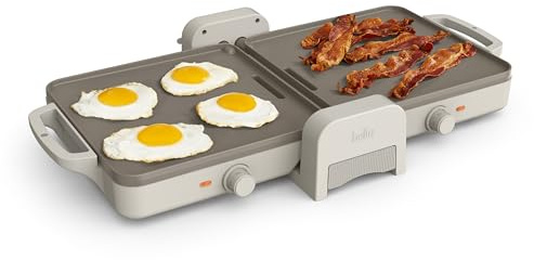 Bella 10x 20 Ceramic Fold-n-Store Dual Temp Griddle, Fits-anywhere Kitchenware, EverGood Ceramic Nonstick Coating, 2 Temperature Zones up to 400°F​, Dishwasher Safe Drip Tray, 1500 Watt, Oatmilk