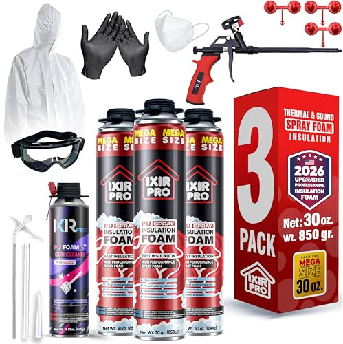 ixirpro Spray Foam Insulation Kit (3 PK Kit-30oz) Expanding Sealant, Spray Foam, Mega Size Closed Cell Heat Acoustic Insulation, High Density, Cleaner, Gun