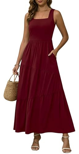 Kranda Summer Dresses for Women 2026 Sleeveless Square Neck Casual Tank Top Sundress Long Beach Tiered Maxi Dress with Pockets, Wine Red S