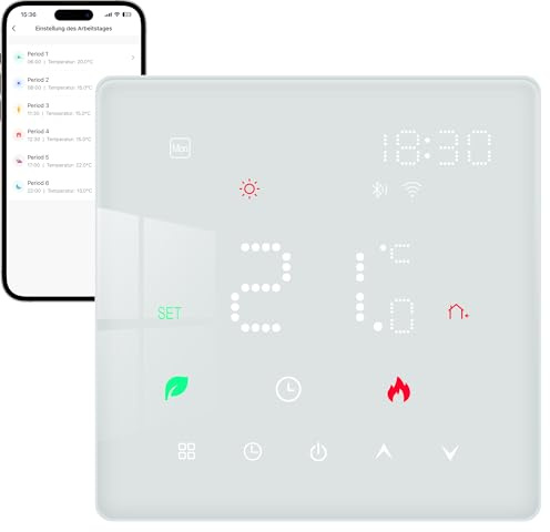 Vaconoff Thermostat Chaudiere Gaz, Thermostat Intelligent Chauffage Connecté pour Chauffage au Sol de Chaudières et d'eau WiFi Chambre Compatible avec Alexa Et Google Assistant, Numérique Blanc 3A