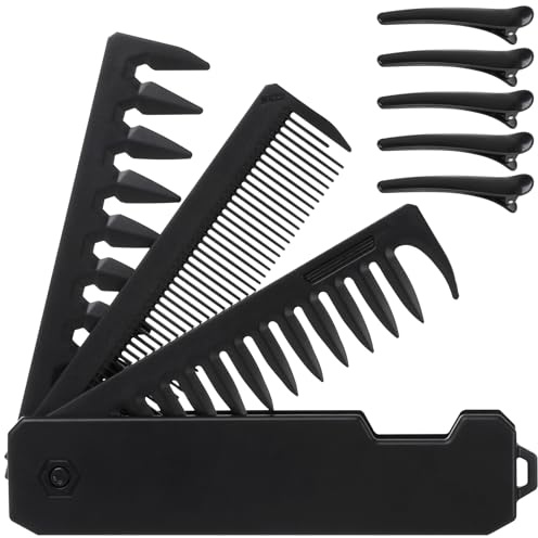 Yaunming Peigne à cheveux 3 en 1 - Peigne à barbe - Peigne à boucler - Peigne à cheveux - Peigne pliable de voyage pour homme - Peigne de coiffage antistatique - Contient 5 pinces à cheveux (noir)