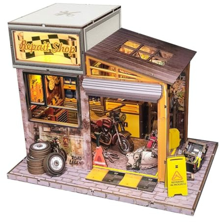 Kit de modelo de casa de muñecas en miniatura de madera 3D, taller de reparación de motocicletas, diorama de escena de bricolaje, adorno creativo de escritorio y regalos (213 piezas)
