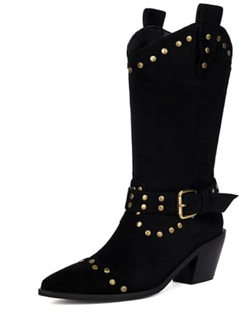 Genérico Botas Western Altas hasta El Rodillo Mujer Vintage con Tachuelas Hebilla Simidaim Confortables Antideslizantes Duraderas para Casual Cotidiano Otoño Invierno,Negro,43 EU