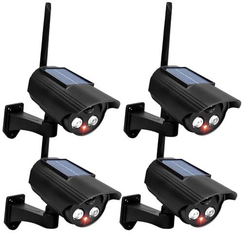 GOMETY 4 pezzi fotocamera finta per esterni, fotocamera solare manichino, telecamera di sorveglianza finto con luce a LED rossa lampeggiante, telecamera di sorveglianza per esterni, per garage