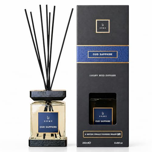 Lifestyle Home Collection Luxury Square Reed Diffuser | Oud Sapphire 250ml Long Lasting Home Fragrance Diffuser | Sticks & Base Tray | Vetiver Cherry Leather | Elegant Room Diffusers Gift for Women