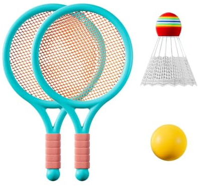 RCGOFOLLOW Badmintonracketar med barn badminton tennisracket set sportleksak uppmuntrar aktivt nöje och fitness inomhus utomhus flickor pojkar nybörjarspelare sportleksaker, Blå, 23x39 cm