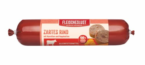 Fleischeslust Zartes Rind Hundefutter – Hundewurst mit Karotten und Hagebutte – Nassfutter für Hunde mit 100 % natürlichen Inhaltsstoffen – 1 x 800 g