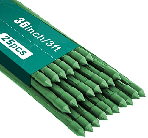FEED GARDEN Garden Stakes 36 Inch 3ft 25 Pack, Sturdy Plant Metal Sticks Support, Plastic Coated Plant Stakes, Tomato Stakes, Beans, Trees