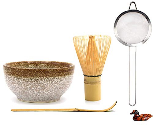 Japanese Matcha Whisk Set Matcha Tea Ceremony Set, Matcha Whisk (Chasen), Traditional Scoop (Chashaku), Scoop Holder, Tea Sifter and Ceramic Matcha Bowls(5 Pcs)