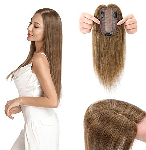 Silk-co Topper Capelli Veri Extension Clip Toupet Capelli Umani Donna Hair Topper 7x13cm Capelli Naturali 15 cm (27 g) #6 Marrone Chiaro