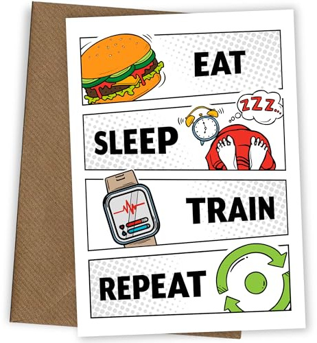 Carte d'anniversaire de gym pour fils adultes petit-fils – Eat Sleep Train Repeat – Carte d'anniversaire sportive pour garçon de 10 ans, 11e, 12e, 13e, 14e, 15e, 16e – Motif montre intelligente