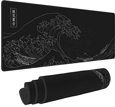 Extended Large Anime Black Mouse Pad The Great Wave off Kanagawa Painting Big Gaming Keyboard Mat XXL Non-Slip Water-Resistant Rubber Base Full Desk Mousepad 3D Pattern