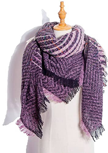HGJH Schal Damen Winter,Winterschals Kleines Gitterdreieck Warmer Schal Dicke Decke Fischgrätenmuster Lila Schal Mode Großer Winterschal Trendige Stola-Schals Für Frauen