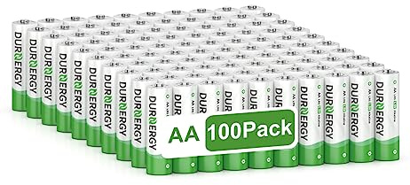 DURNERGY 100 Pack AA Alkaline Battery, 1.5V Double A Batteries, 10-Year Shelf Life, Long-Lasting Power for Household Devices
