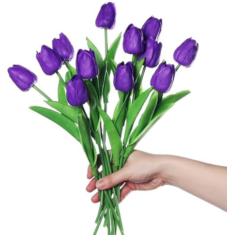 huaao 12pcs Tulipes Fleurs Artificielles en Latex Fausse Touche Réel Bouquet Décoration Nuptiale pour Vase Fête Mariage Maison Bureau, Arrangements Floraux, Violet