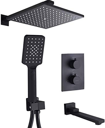 CAZARU Messing-Thermostatarmaturen, schwarzes Duschset mit 8-12-Zoll-Badezimmer-Regenduschen-Umsteller, Wannenarmaturen-Set und Handbrause, an der Wand montiertes Luxus-Duschset, 12 Zoll