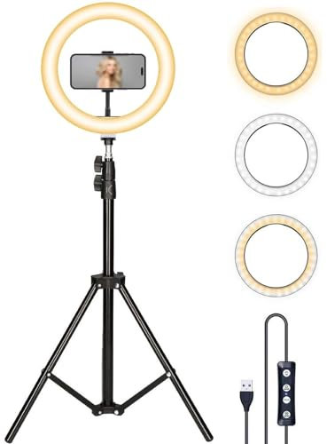Aro de Luz Grande 31cm 12 de diámetro con Trípode Regulable Desde 55 cm hasta 200cm, Soporte para Móvil, 3 Modos de Luz y 10 Niveles de Brillo.