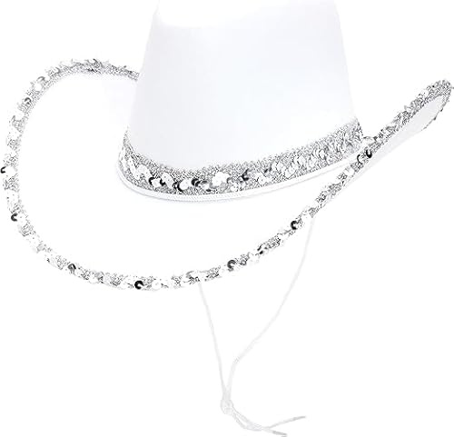 Toyland® 38 cm (15) Chapeau de cowboy blanc avec bordure à paillettes argentées - Accessoires pour festivals, concerts, déguisements et enterrements de vie de jeune fille - 3 couleurs disponibles