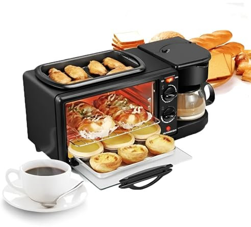 Estación de Desayuno de 9 litros, máquina de Desayuno 3 en 1 con función de cafetera/sartén, Horno eléctrico con Control de Temperatura, para Pan, Huevo, sándwich, Salchichas de Tocino