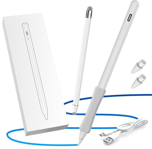 Stylus Pen Set, Tilt Drawing & Palm Rejection Stylus Pencil Compatible with Apple iPad 6/7/8/9/10, Mini 5/6, Air 3/4/5, Pro 11''/12.9'', M4/M2, Universal Touch Pen, Pencil Grip & Replacement Tips (2)