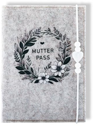 FELTURA® Mutterpasshülle Filz – Schutzhülle mit Fächern für Ultraschallbilder, Dokumente & Karten – Grau mit floralem Herz-Design und Gummiband