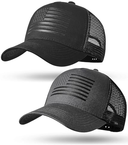 spxkd American Flag Trucker Hat,USA Hat for Men Women Snapback Baseball Cap Adjustable Breathable Mesh Side Durable Hats Outdoor (US, Alpha, Medium, 2 Pcs Black and Dark Grey)