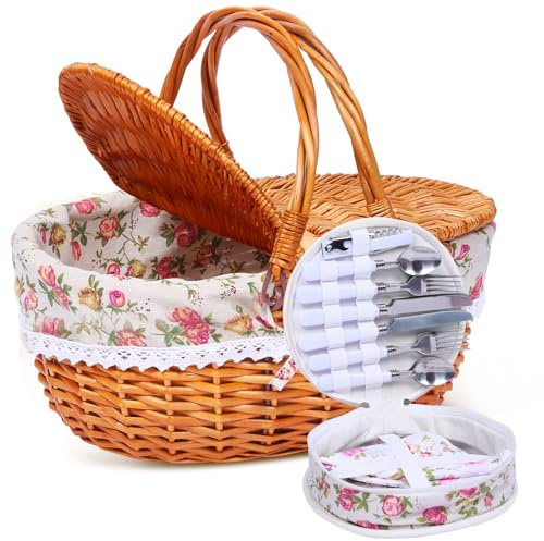 HYBDAMAI Panier de pique-nique en osier pour 4 personnes, avec couvercle et poignée, panier de pique-nique avec doublure lavable et couverts pour l'extérieur, le camping, Halloween, Noël et un