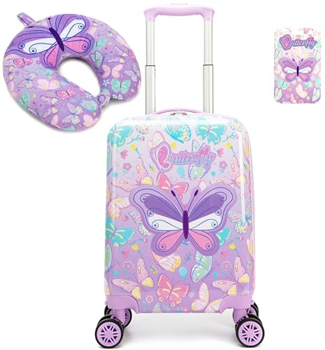 Esteemly Kid's Luggage Set 2 Piece Suitcase Set 16 Hardside Luggage with Spinner Wheels Girls Carry on Toddler Travel Rolling Suitcase with Neck Pillow Airline Approved
