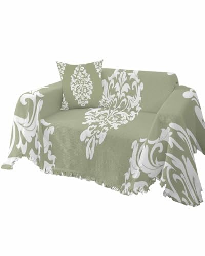 Sage Green Sofa Cover Couch Cushion Slipcover,Baroque Style Vintage Damask Classic Floral Non Slip Armchair Sectional/Individual/L/T Shape Sofa Couch Furniture Protector Throws Blanket Cover,S 71x91