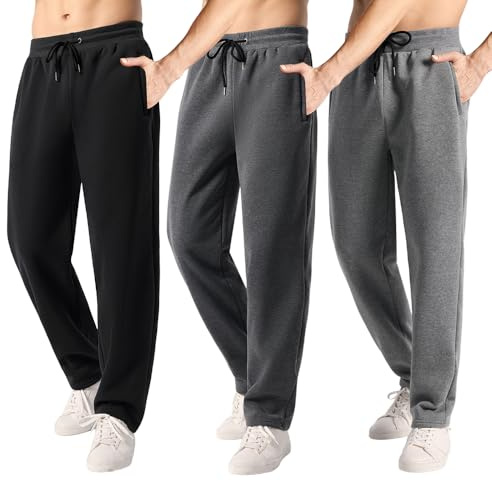 OAKVON Men’s 3 Pack Fleece Sweatpants with Pockets, Active Athletic Pants Workout Jogger Open Bottom